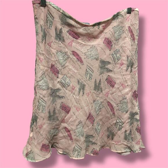 City of Junction West Pink and white vintage silk midi skirt with Paris Design - Picture 1 of 6